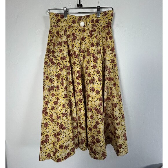 Plenty By Tracy Reese Women Size 4 Floral A-Line Midi Skirt Yellow Brown Pockets - Picture 2 of 9